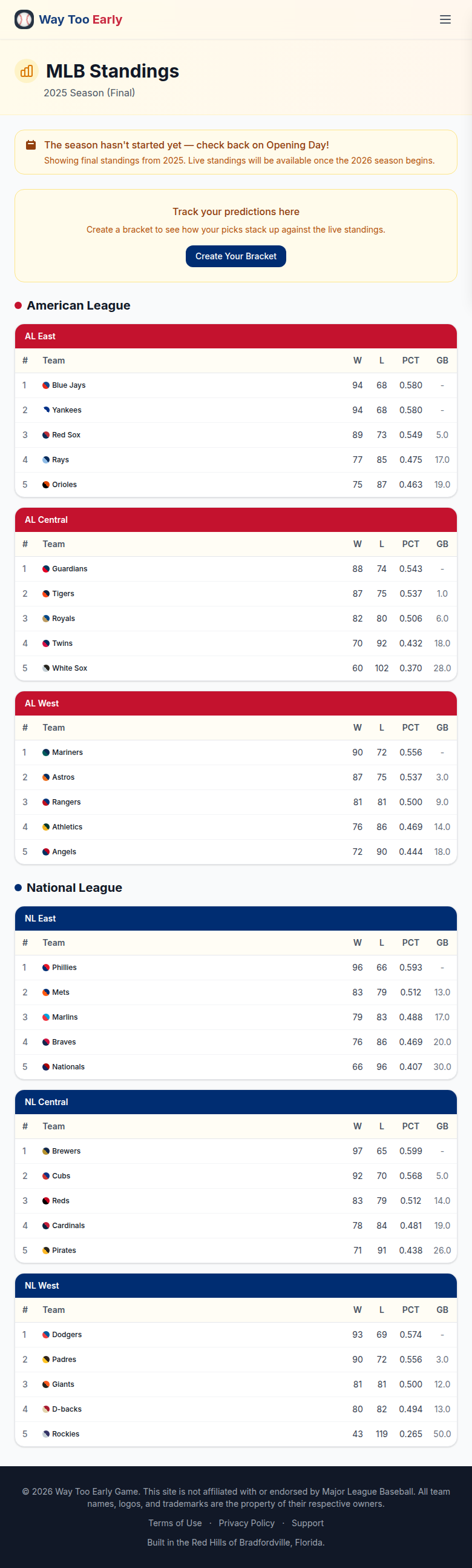 Live MLB Standings tracker